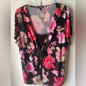 Elementz Black and Pink Tie Front Embellished Blouse